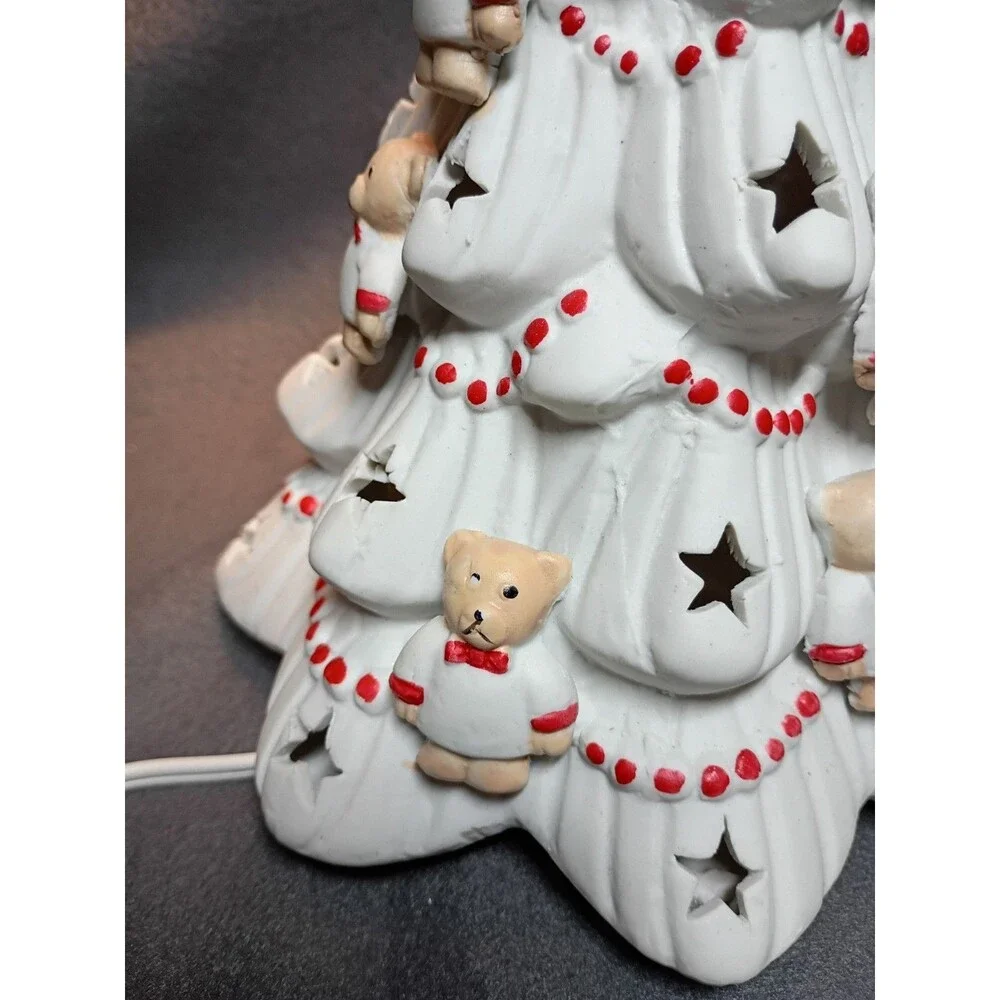 Vintage White Porcelain Lighted Christmas Tree Teddy Bears 9
